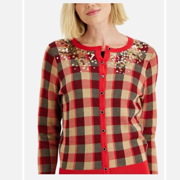 Charter Club Ravishing Red Sequined Plaid Cardigan Sweater - Picture 1 of 14